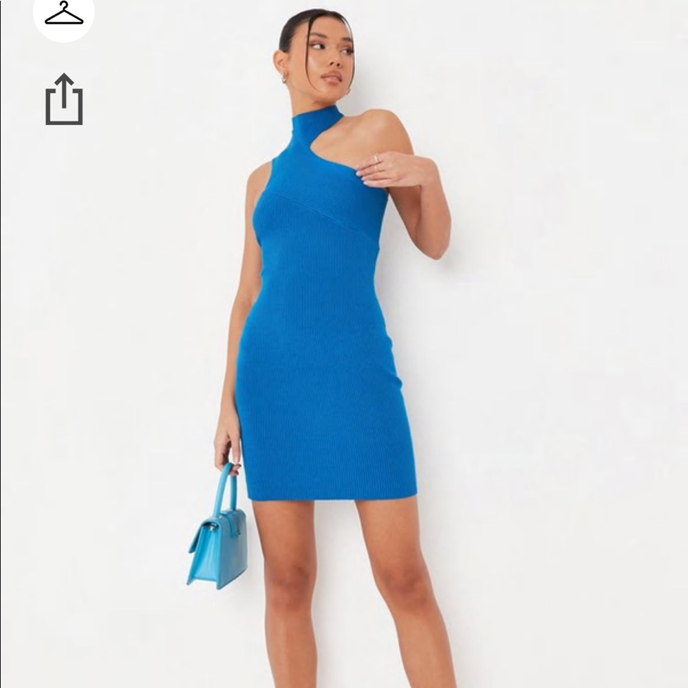 blue rib high neck cut out knit mini dress